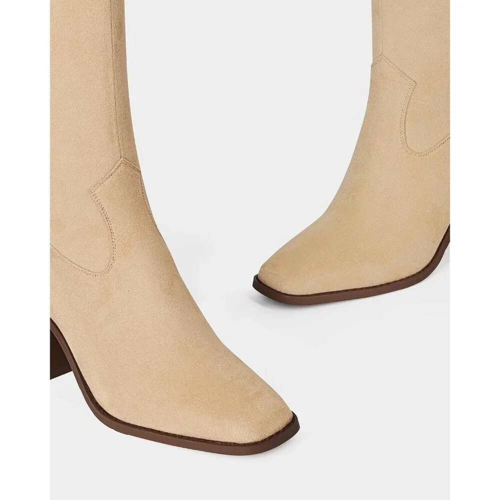 Women Nude Polyurethane Knee High Square Toe Side Zipper Block Heel Tall Boots